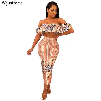 

Wjustforu Chandal Mujer Complete Ruffle Slash Neck Strapless Two Piece Set Bodycon Printed Striped Two Piece Outfits Women Slim