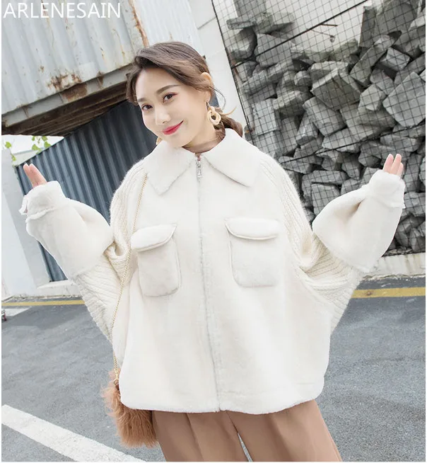 Arlenesain custom Merino fur coat female short paragraph lamb fur Angora wool knitted women coat winter