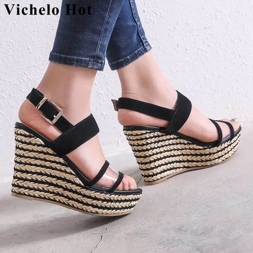 

Vichelo Hot new fashion wedges platform peep round toe kid suede buckle strap gladiator shoes European style runway sandals L58
