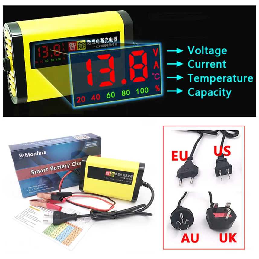 12V 2A Smart Car Motorcycle Battery Charger Full Automatic LCD Display 12 V Volt Moto Auto Lead Acid AGM GEL Intelligent 220V EU 12V 2A Smart Car Motorcycle Battery Charger Full Automatic LCD Display 12 V Volt Moto Auto Lead Acid AGM GEL Intelligent 220V EU