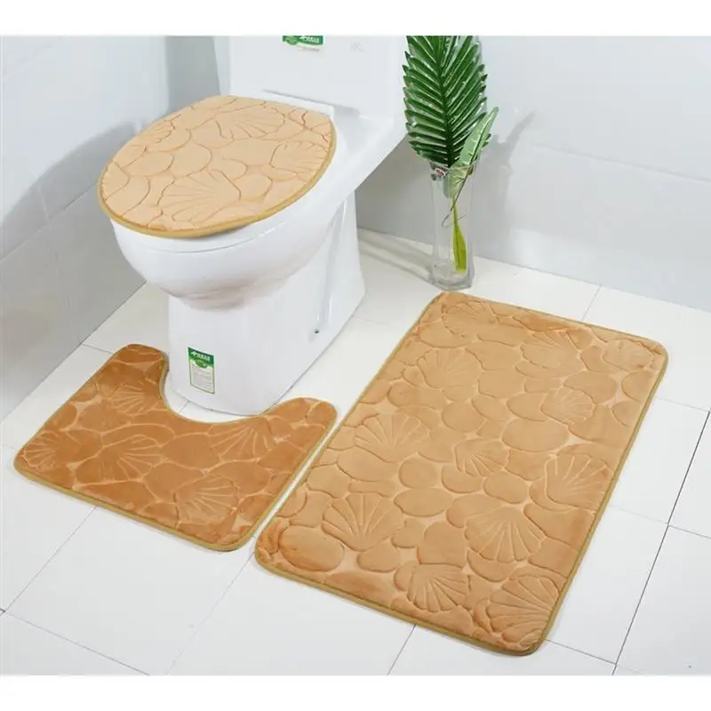 

Three Pieces Embossed Bathroom Mat Set Soft Water Absorbent Comfortable Bathtub Carpets Toilet Seat Lid Cover