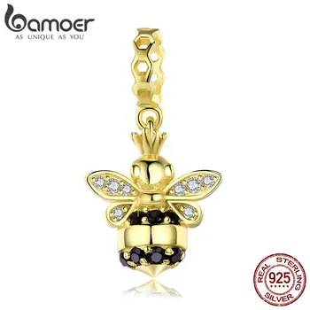 

BAMOER Popular 925 Sterling Silver Queen of Bee Gold Color Bee Pendant Charm fit Charm Bracelets & Necklaces DIY Jewelry SCC831