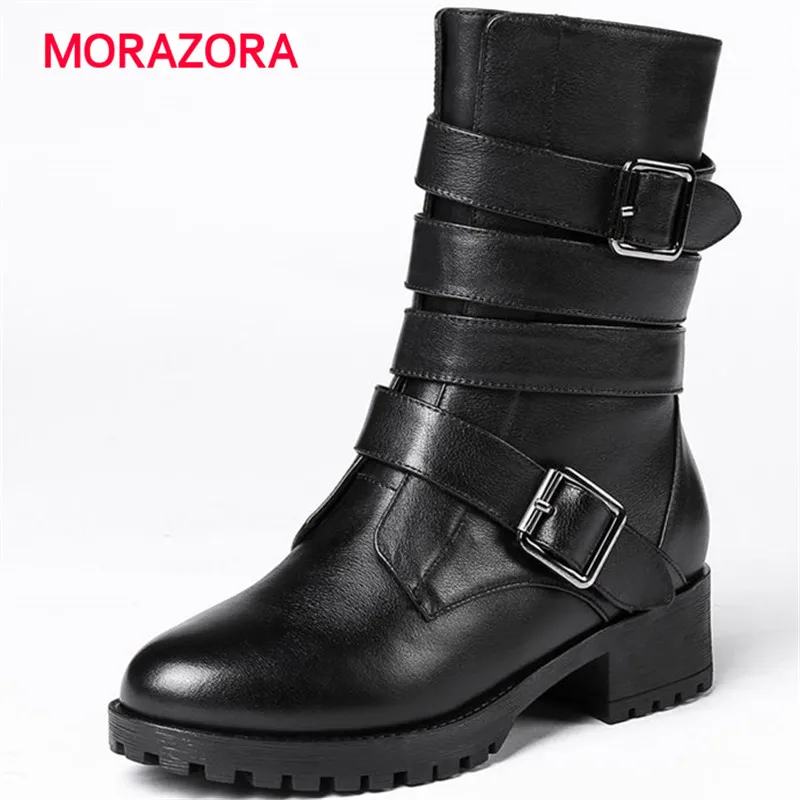 

MORAZORA 2018 new round toe med heel genuine leather boots autumn winter square heel short plush boots metal decoration boots