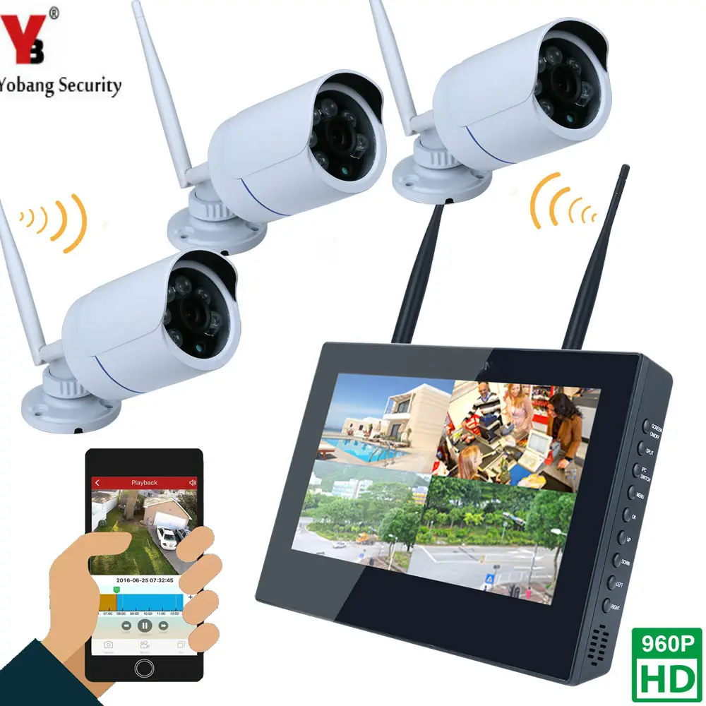

YobangSecurity 10inch Monitor 4CH 960P Wifi Wireless NVR Recorder Security With 3x 960P 1.3MP Weatherproof outdoor Dome Cameras