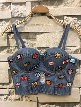 

New Cowboy Hole Push Up Denim Bustier Crop Top Womens Ripped Sexy Cropped Feminino Strappy Bralette Bras Camis Tops Cropped