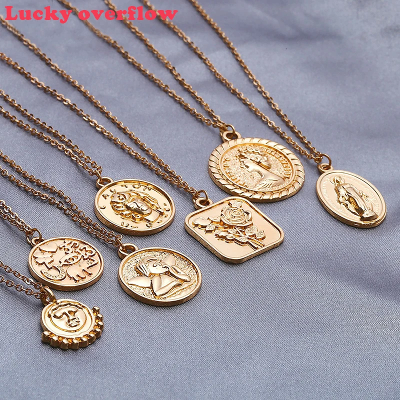 

Luckyoverflow Vintage Carved Coin Pendant Necklace Statement Face Goddess Virgin Mary Rose Angel Long Chain Necklace Women