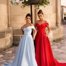 Элегантные вечерние платья ледяного синего цвета Сатиновые с открытыми плечами красные трапециевидные с коротким шлейфом простые плиссированные Выпускные вечерние платья Abendkleider