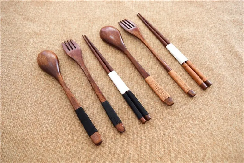 Wood Portable Tableware Travel Dinnerware Suit Wooden Cutlery Sets Environmental with Cloth Pack Gift