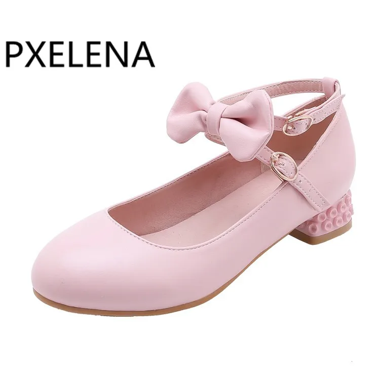 PXELENA/милые туфли мэри джейн с бантом для девочек; женские свадебные туфли на низком каблуке; туфли-лодочки принцессы Лолиты; цвет белый, розовый, черный; большие размеры 34-43