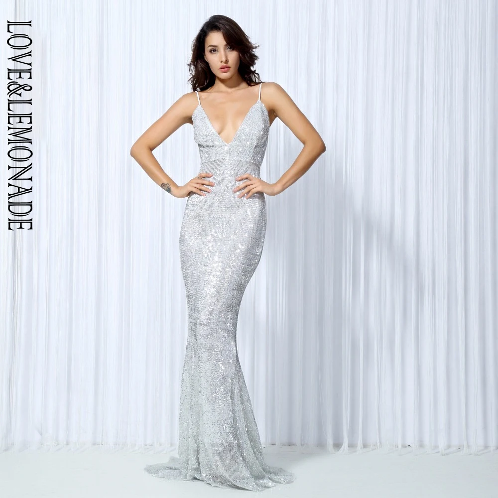 

Love&Lemonade SilverElastic Sequin Exposed Back Long Dress LM0043