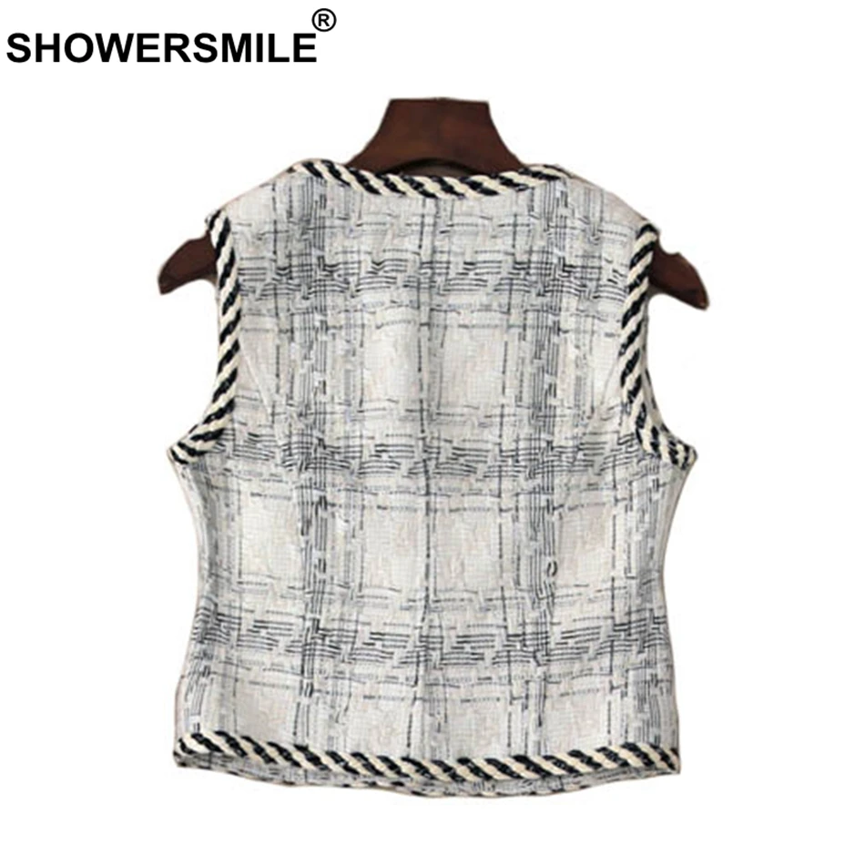 SHOWERSMILE Patchwork Vest Women White Slim Fit Sleeveless Jackets Female Vest Coat With Pockets Vintage British Vests Waistcoat
