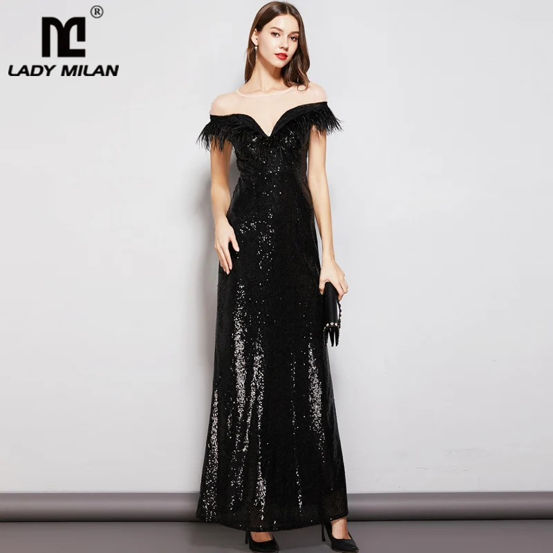 

Lady Milan Women's Evening Party Prom O Neck Short Sleeves Feathers Tassels Sequined Patchwork Fashion Long Dresses