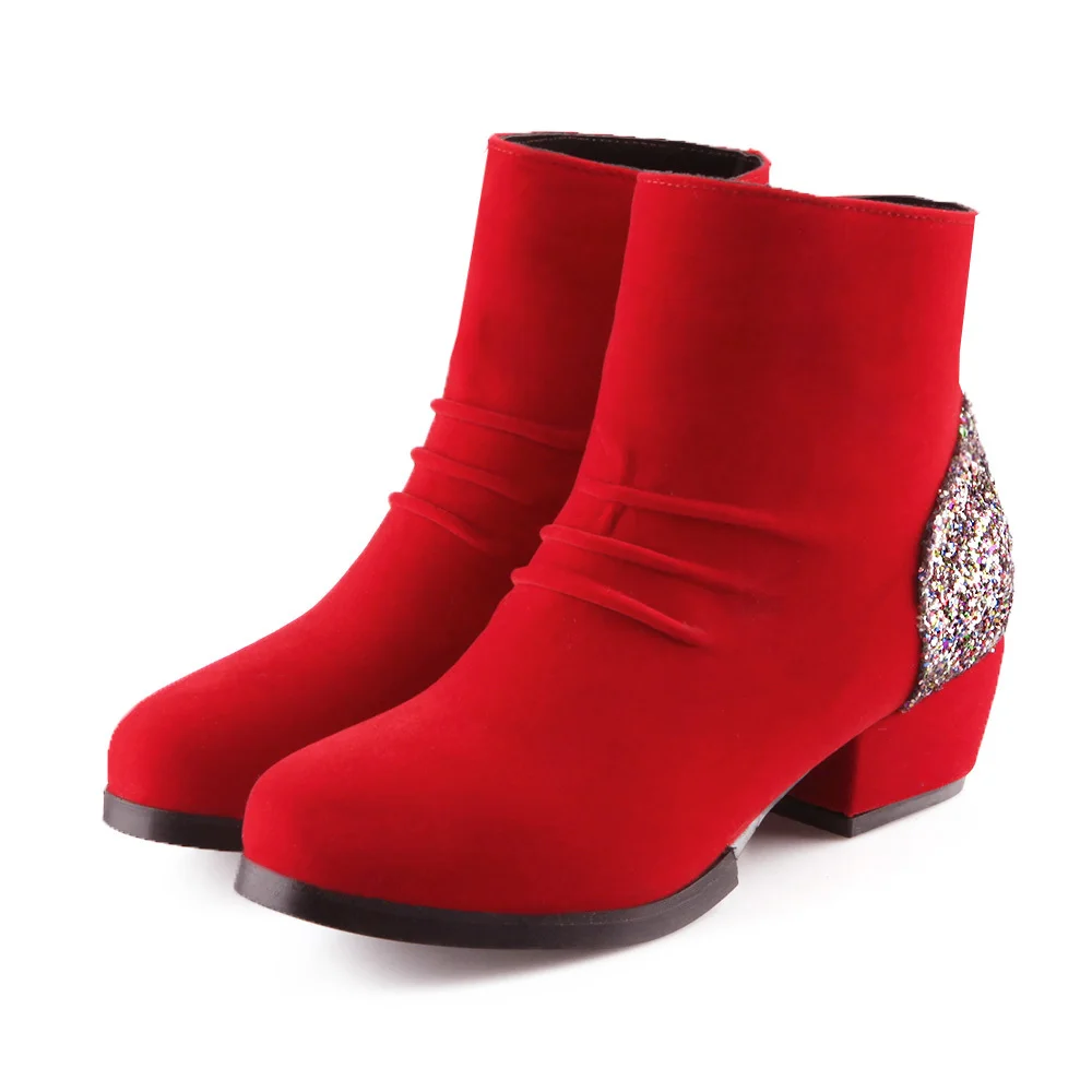 

black red round toe ankle boots artistic solid square heels women boots with glitter zip autumn winter boots for ladies