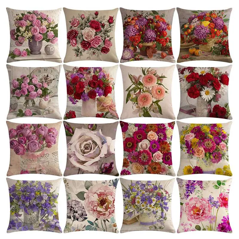 

45x45cm Flax Pillowcase Comfortable Soft Indoor Creative Fresh Printing Flower Bed Pillow Sheets Cotton Home Textile Decorative