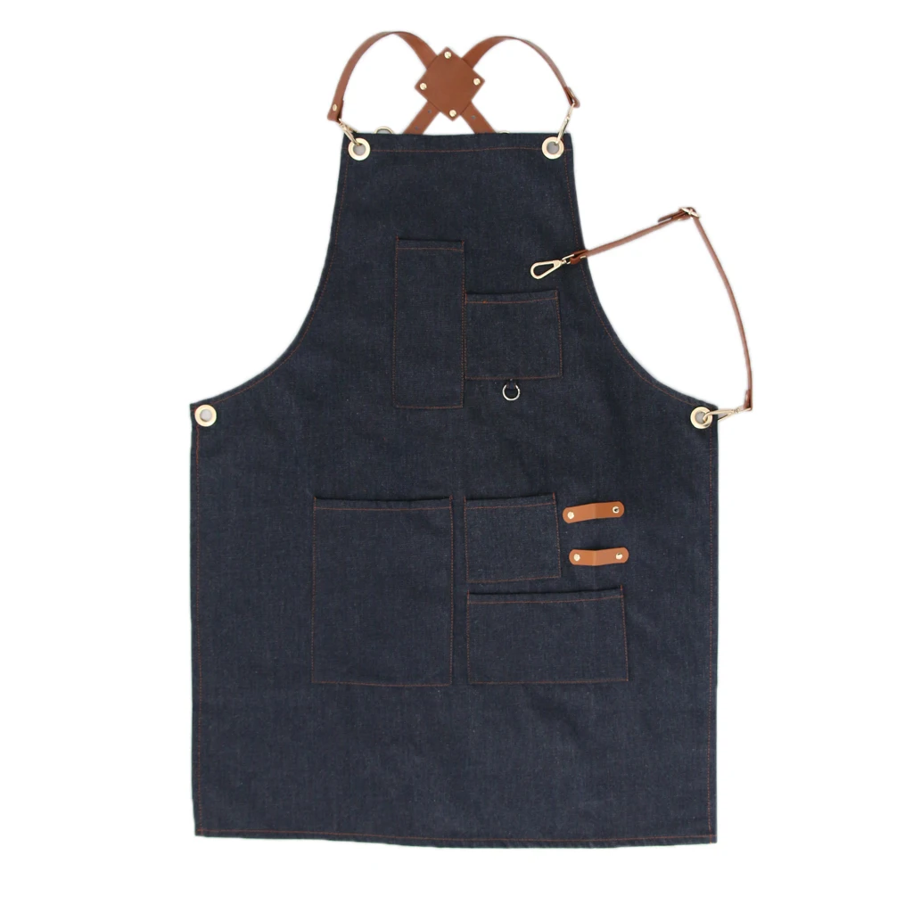 Ladies Men Leather Strap Denim Bib Apron BBQ Florist Baker Bartender Barista Chef Work Uniform