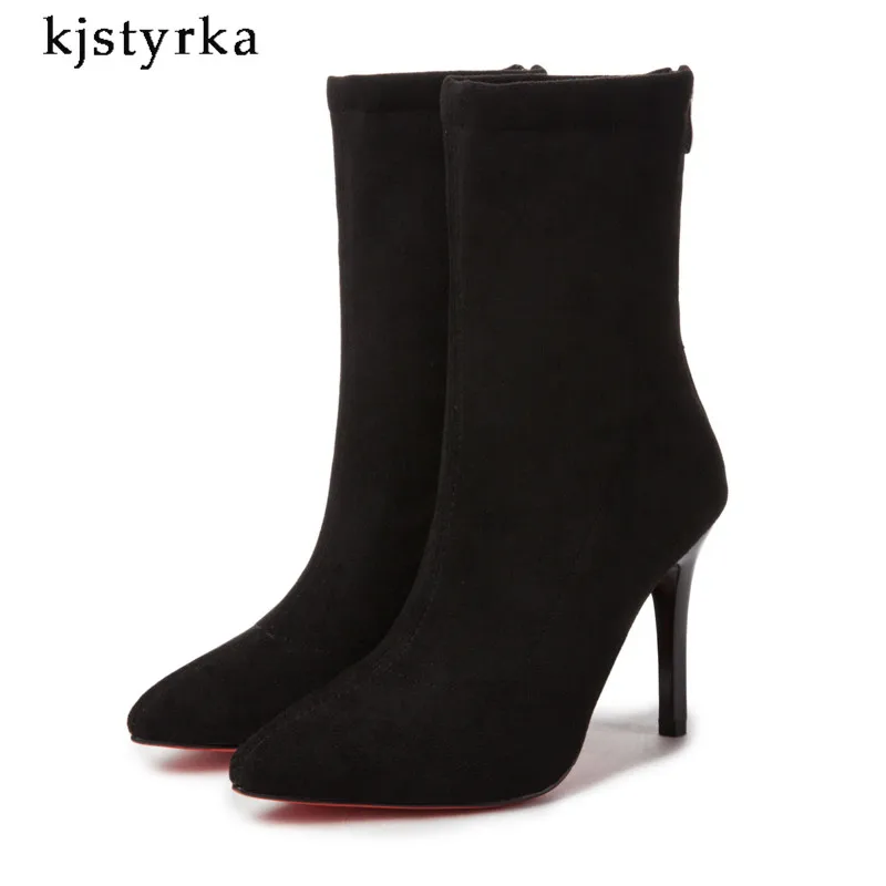 

Kjstyrka fashion hot 2018 pointed head mid-calf women boots autumn winter red bottom zippers thin heels ladies bota feminina