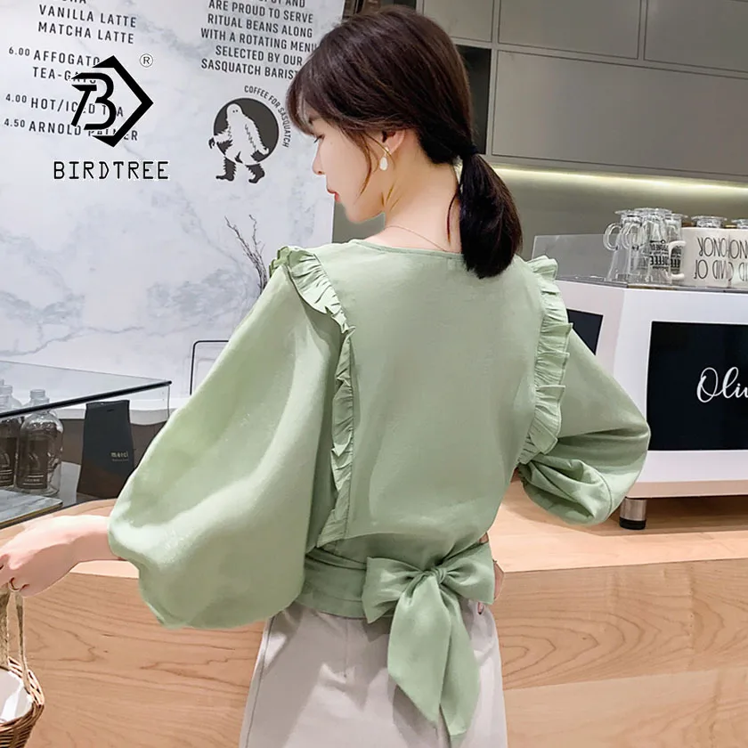 

2019 Summer New Chiffon Blouse Ruffled Bow Tie Bat Sleeve Korean Fashion Style Button Sweet Casual O-neck Design Top T96805D