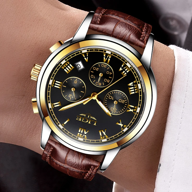 LIGE Casual Leather Watchband Mens Watches Top Brand Luxury Men's Fashion Waterproof Quartz Gold Watch For Men Relogio Masculino
