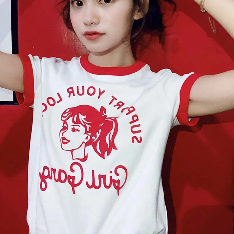 

Support your local Girl gang fashion print Harajuku female shirt New Summer Retro Ulzzang Casual Kawaii tops cotton women shirt