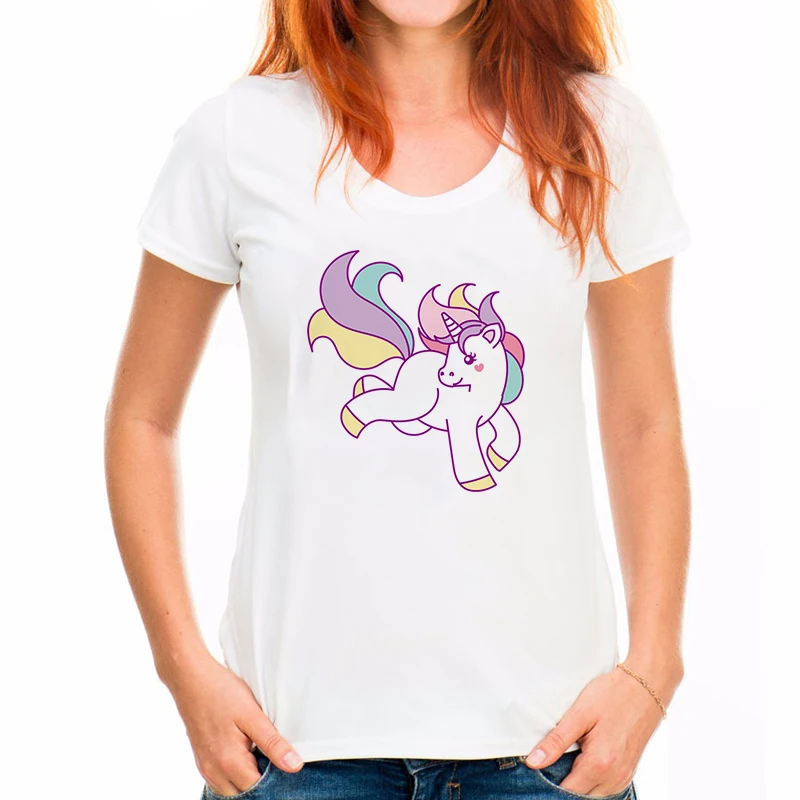 Harajuku Angel Unicorn T Shirt For Ladies Short Sleeve Hipster Cute Cartoon Kawaii Unicorn Print Cropped Top White T-shirt Women