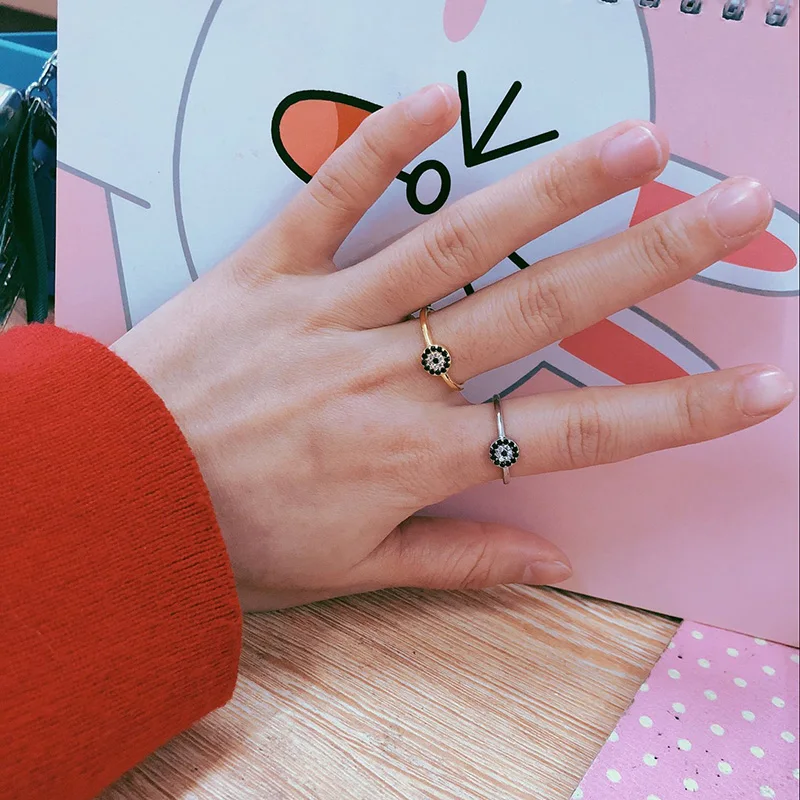 

2019 popular gold color crystal paved black evil eye turkish jewelry ring for women with high quality AAA cz stone simple ring