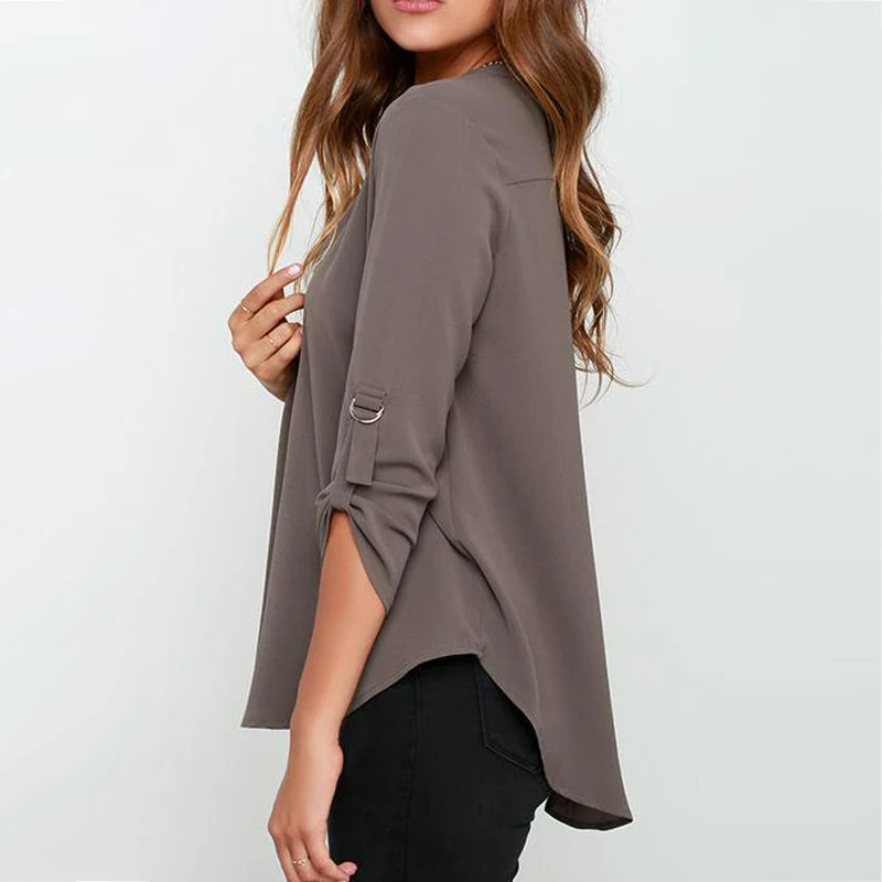 Женская шифоновая блузка с рукавом 3/4 и V образным вырезом|female shirts|v-neck chiffon blousechiffon