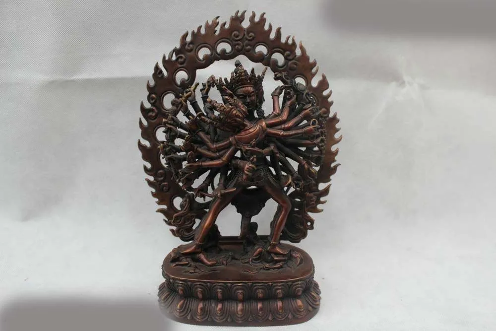 

12"Chinese Tibet Buddhism Red Bronze Stand Guhyasamaja Buddha Statue