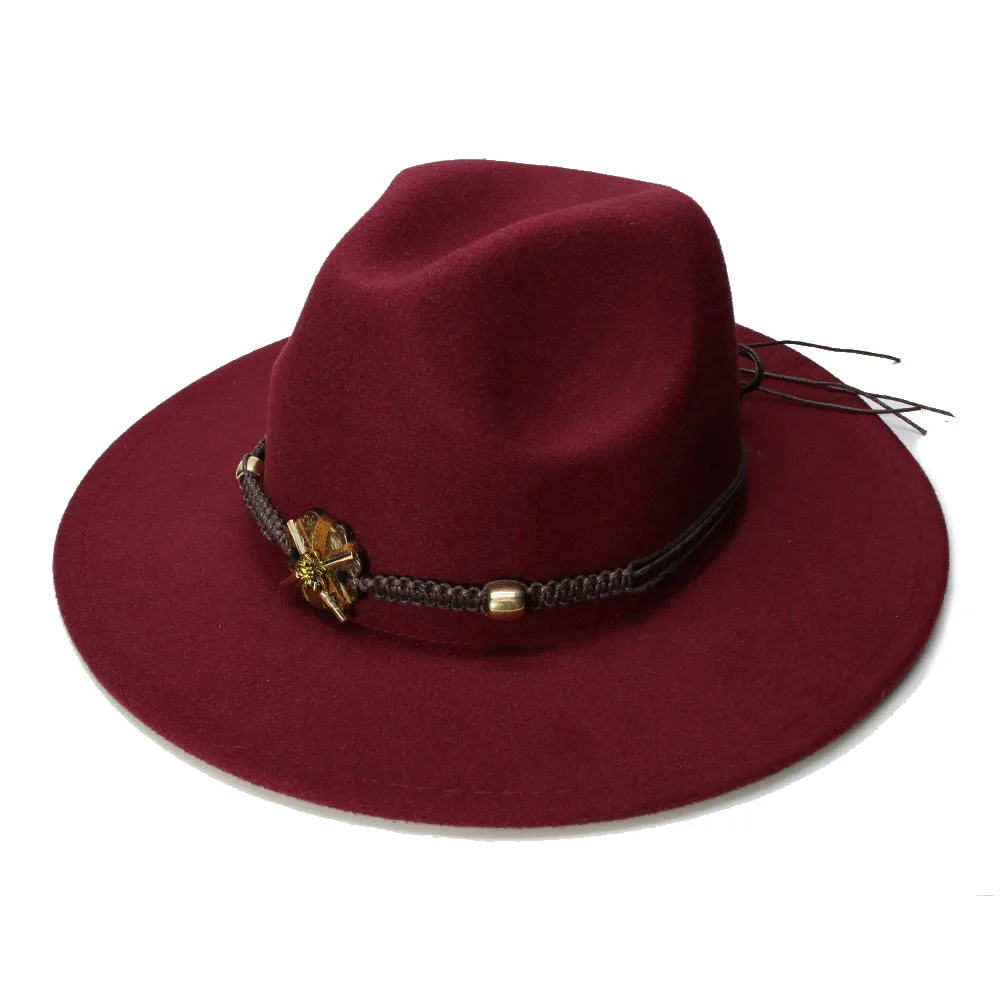

LUCKYLIANJI Retro Women Men Vintage 100% Wool Wide Brim Cap Fedora Panama Jazz Bowler Hat Braid Band With Flower(57cm/adjusted)