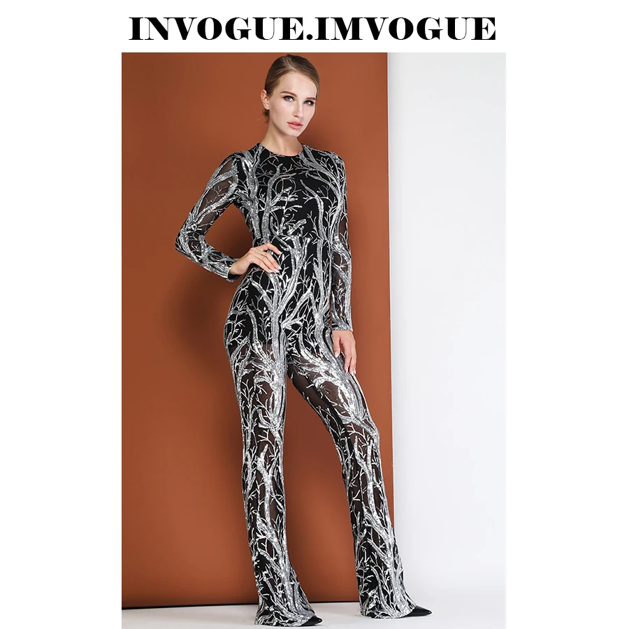 INVOGUE. IMVOGUE New Arrival Elegant Sequin O Neck Color Block Long Sleeves Bodycon Party Jumpsuit