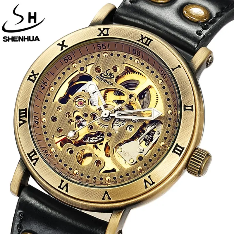 Antique Automatic Skeleton Men Watch Steampunk Vintage Bronze Stainless Steel Mechanical Wristwatch Man Luxury Relogio Masculino