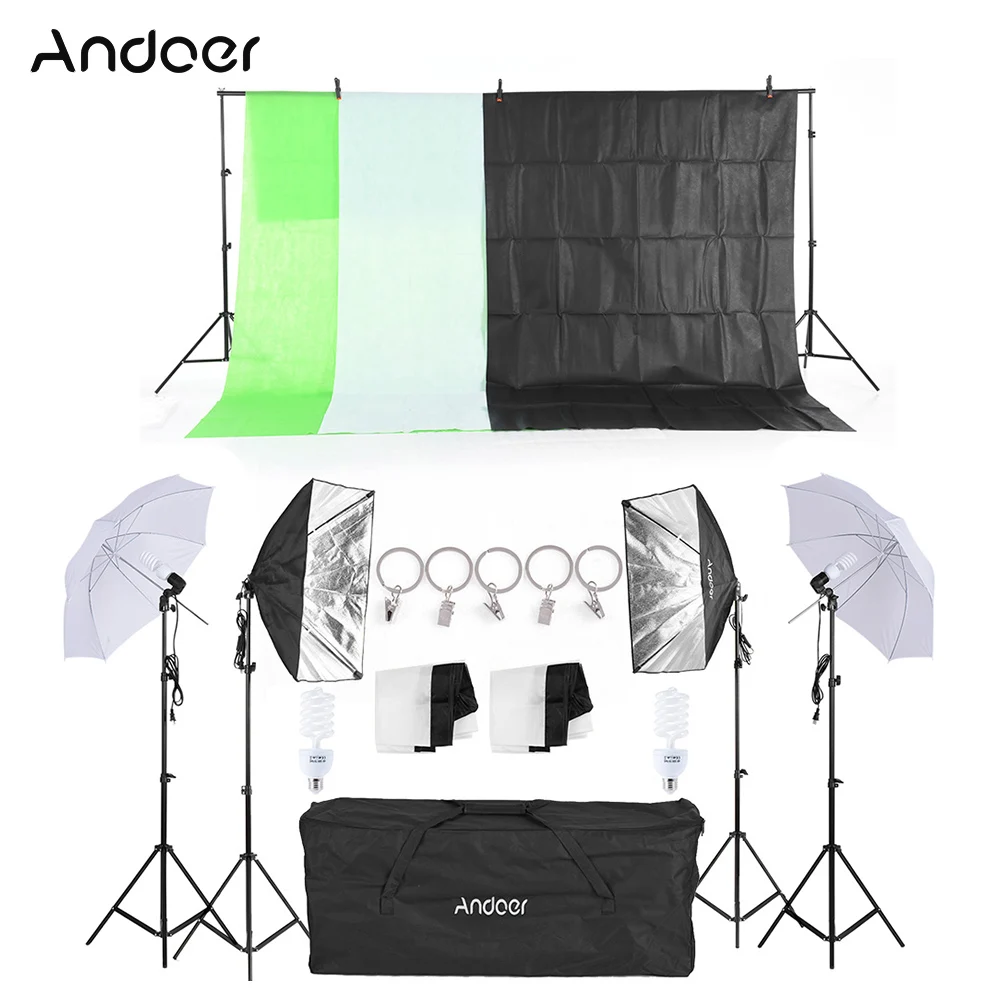Andoer Photo Studio Kit Softbox Umbrella with Bulb Holder Light Bulb Backdrop Stand Light Stand Black White Green Background