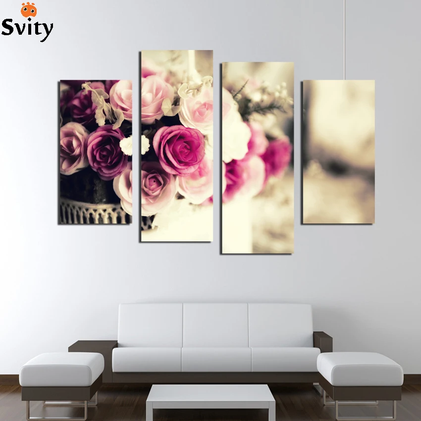 4 шт. Wall Art Modern акриловая Цветок Красочные розы Картина маслом на холсте Картины модульная Pictures Home Decor F18829 без рамы