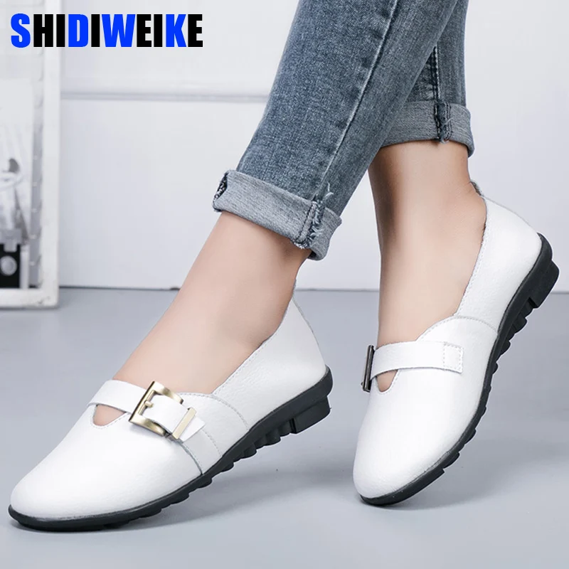 

2019 Spring Soft Genuine Leather Women's Shoes Slip On Woman Loafers Moccasins Female Flats Casual Women Buckle Boat Shoe n647