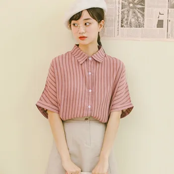 

Women 2019 Fashion Turn Down Collar Half Sleeve Shirt Blouse Shirt Striped Loose Casual Blosues Tops Ladies Blusa