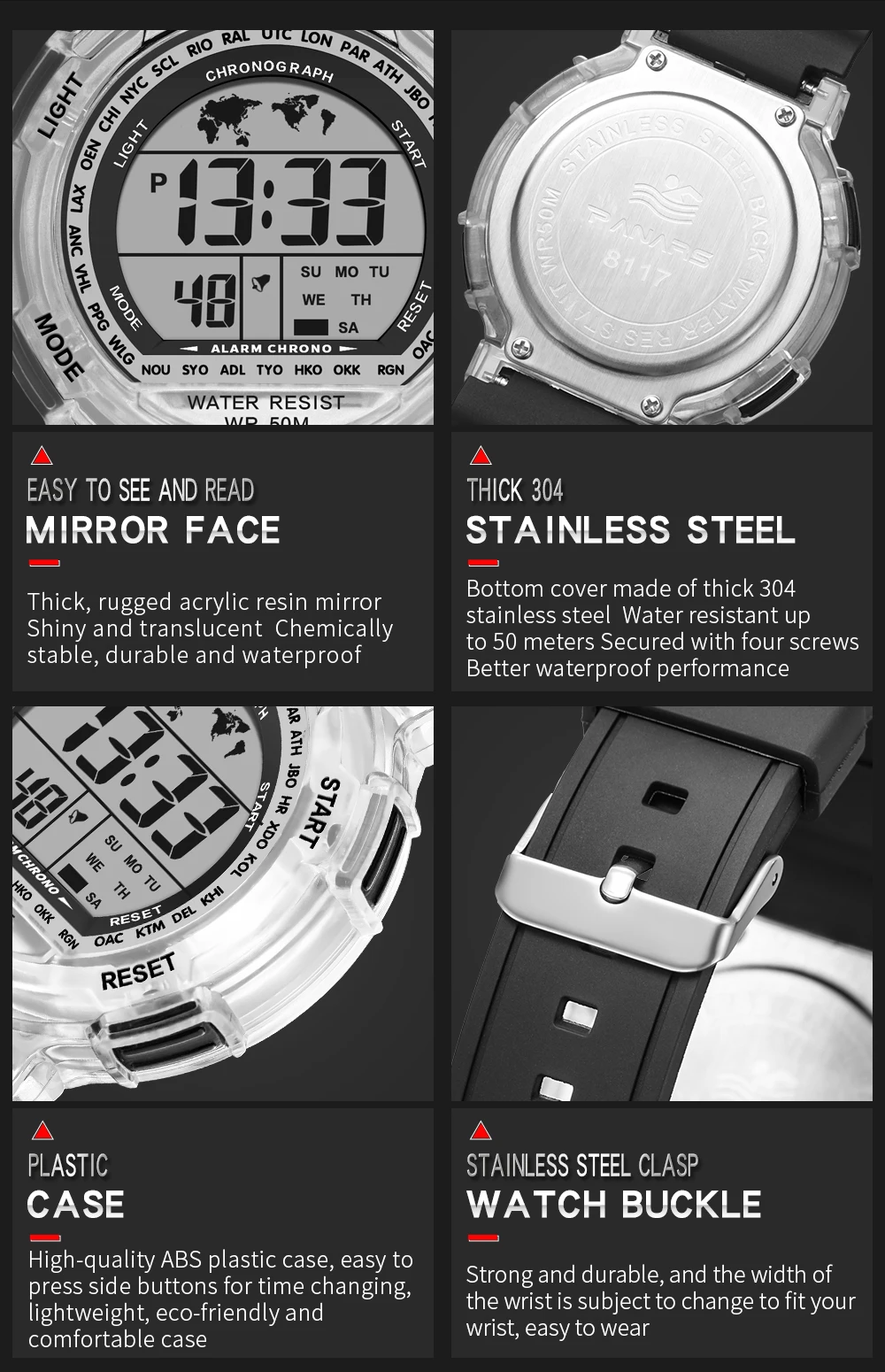 Children's Watches 50m Waterproof PANARS LED Multifunction Dual Tim Digital Kids Wrist Watches Children Watch For Boy Girl