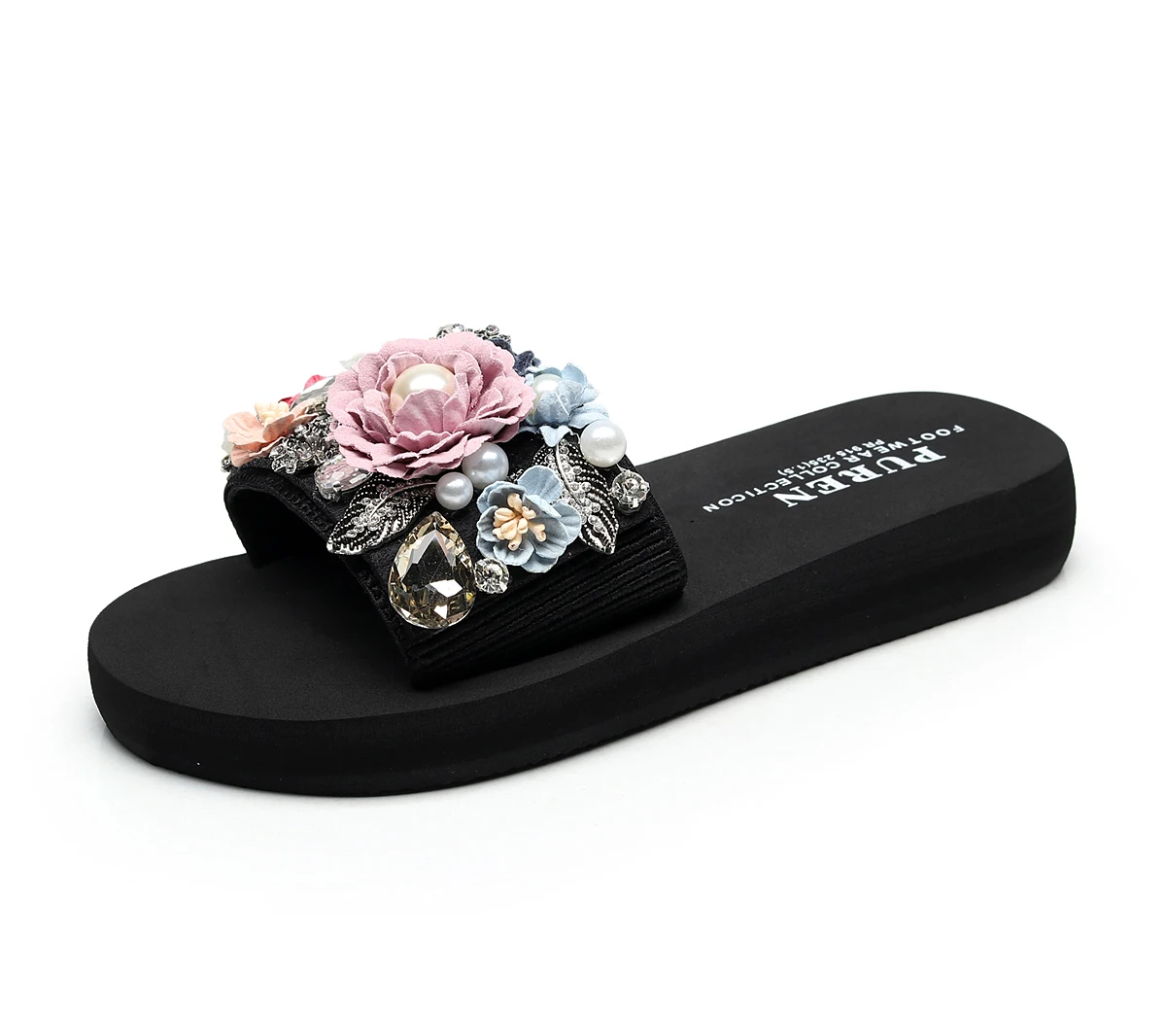 PUIMENTIUA/повседневные женские тапочки с цветами и жемчугом; модная женская обувь на платформе и каблуке; пляжные шлепанцы - Цвет: heel height 3cm pink