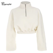 Rapcopter, женские белые футболки, топ, зимний велюровый теплый топ, Повседневный, на молнии, Woden, повседневные рубашки с высоким воротом, вязаная футболка, модные кроп-топы