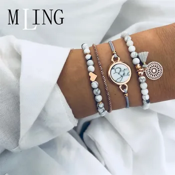 

MLING 4 Pcs/Set Boho Tassel Round Shape Stone Heart Dreamcatcher Bracelet Fashion Jewelry For Women And Girls Gifts