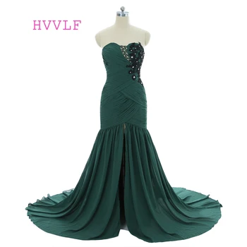 

Green Evening Dresses 2019 Mermaid Sweetheart Chiffon Appliques Beaded Slit Women Long Evening Gown Prom Dresses Robe De Soiree
