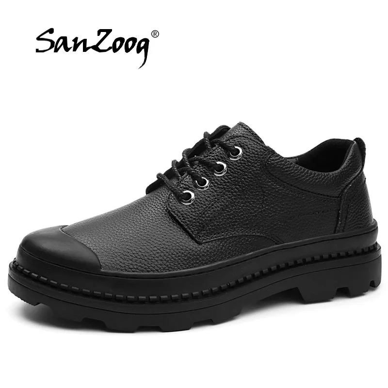 

Genuine Cowhide Leather Business Shoes For Men 2018 Fashion Lace Up Casual Round Tone Breathable Flats AntiSki Father Shoes