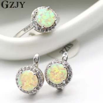 

GZJY Fashion Jewelry Set Round White Fire Opal White Gold Color Ring Earrings Set For Women Wedding Gift