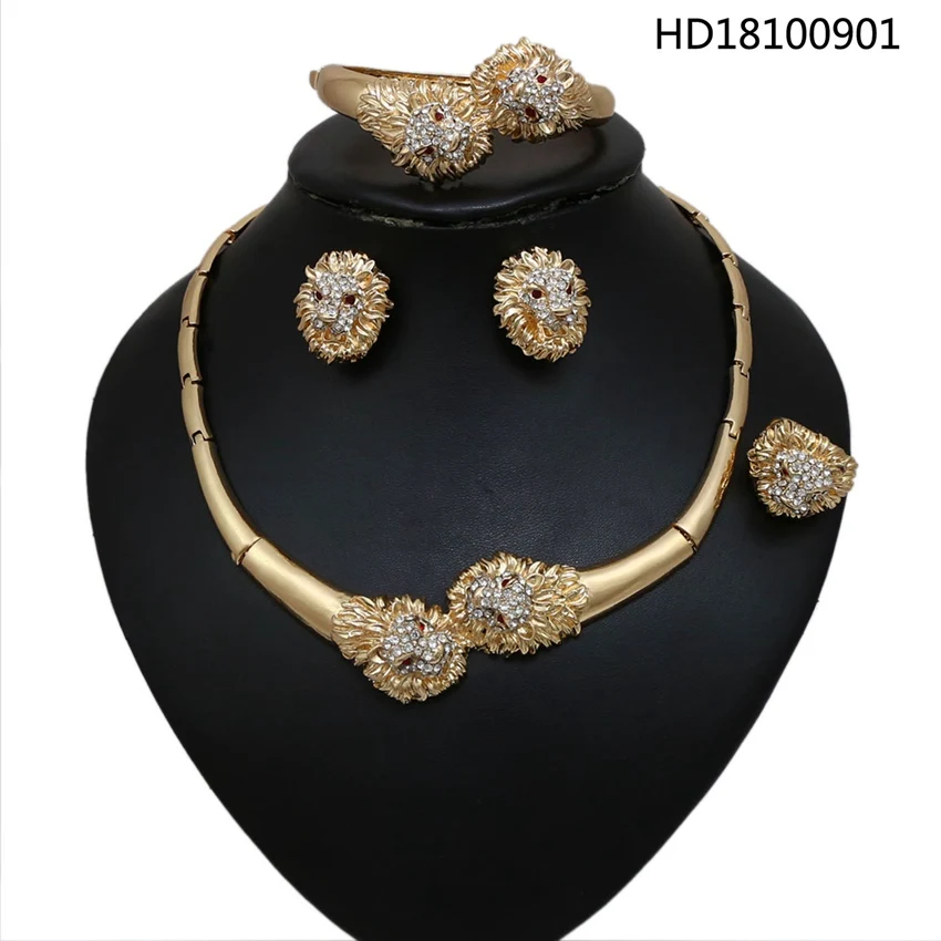 

YULAILI New Coming Lion Design Alloy Jewelry Set Necklace Bangle Earrings Ring Complete Set for Ladies