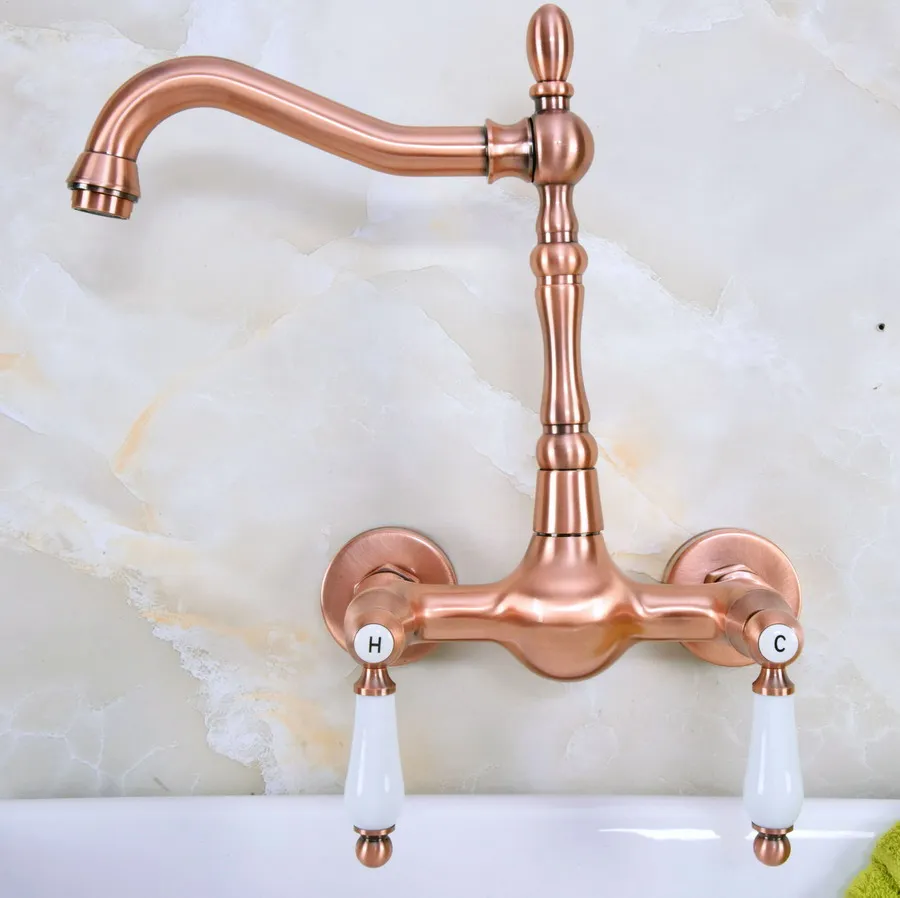 Antique Red Copper Brass Wall Mounted Bathroom Kitchen Sink Faucet Swivel Spout Mixer Tap Dual Ceramics Handles Levers anf947