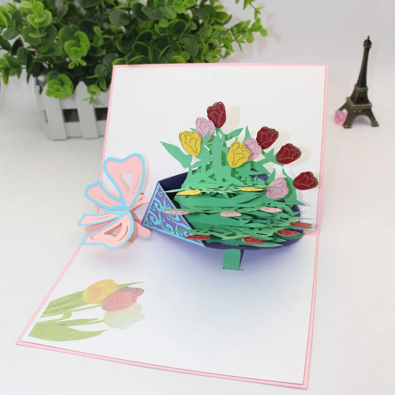  3D Laser Cut Handmade Tricolor Tulip Paper Invitation Greeting Cards Blessing Card Mother's Day Tea - 32891062871