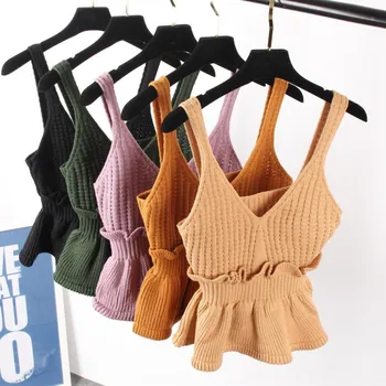 

Sexy Stretchable Knit V Neck Crop Cami Lady Tops Autumn 2019 Kimono Style Blouses Women's Blouse Shirt Spaghetti Strap Shirts