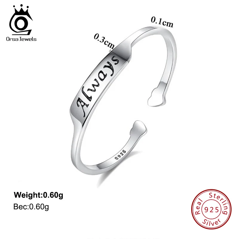 ORSA JEWELS Genuine 925 Sterling Silver Finger Ring Women Adjustable Heart Shape Letter Silver Color Female Party Jewelry PSR63