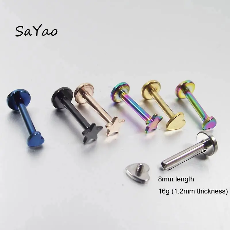 

SaYao 2 Piece 16G Titanium Anodized Internally Threaded Prong Star Heart Labret lip piercing labret ring Tragus Earring