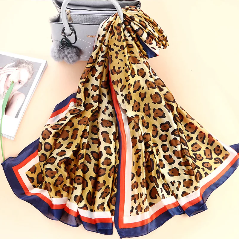 

90CM European And American Style Big Leopard Print Simulation Silk Scarf Decorative Silk Scarf Travel Beach Towel Shawl SK068-MY