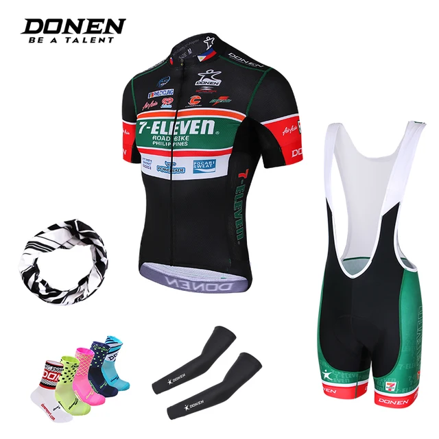 Best Price DONEN Pro Cycling Jersey Set Racing Bicycle Clothing 100% Lycra Bib GEL MTB Bike Pants Cycling socks Headbands Arm Sleeves