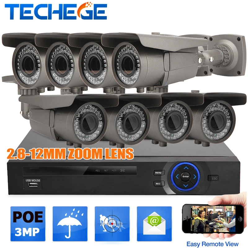  Techege 8CH 3MP 48V Real PoE NVR 2048*1536 2.8-12mm zoom lens 3.0MP IP Camera POE System P2P Cloud cctv system 